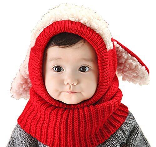 【Ludus Felix】選べるカラー 5色 ウサギちゃん　子羊　ニット帽 ニット帽子 ベビー キッズ 赤ちゃん 子供 用　ケープ 一体型 マフラー ネックウォーマー フード 　【ボア部分がふわふわで気持ちいい！】【頭＆首まであたたか】 (レッド),キッズ,ネックウォーマー,