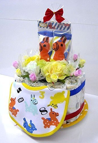ご出産お祝い＜おむつケーキ＞　リーズナブルなお値段のかわいいおむつケーキ　ロディK (男女共用レッドリボン）,出産祝い,靴下,