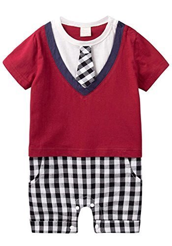 (エーケー) AK Style ベビー フォーマル 半袖 スーツ ネクタイ Ｔシャツ チェック ロンパース 春 夏 男の子 子供服 150601-1(レッド-80),出産祝い,ロンパース,