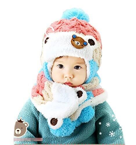 【Yusongirl】赤ちゃん 幼児 子供 服 ギフト 帽子 キャップ　かわいい ボンボン 耳あて 耳カバー 付き ボア ニット帽 マフラー セット 男の子 女の子 兼用 防寒 防風 アウター ベビー キッズ (ピンク),子ども,マフラー,