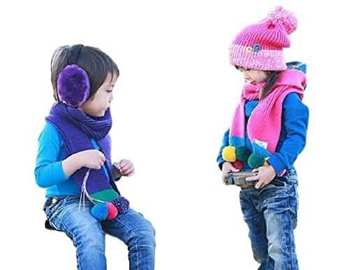 (エーキャット) A-catキッズ ニット帽 / マフラー セット ボンボン 付き カラフル もこもこ かわいい 子供服 防寒 おしゃれ お揃い オソロ 兄弟 男の子 女の子/ 赤 ピンク 紫 青 (紫),子ども,マフラー,