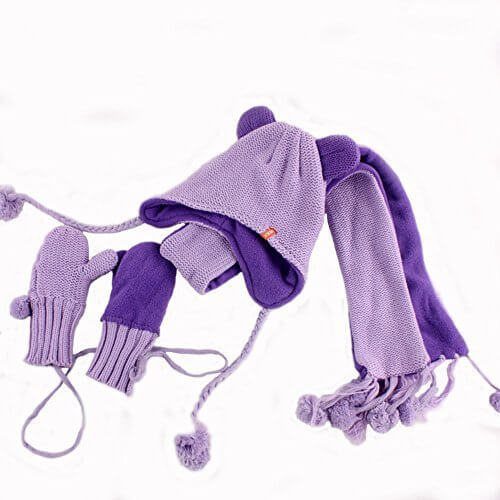 [Mr.M] 子供三点セット　ニット帽子 マフラー 手袋　可愛い 帽子 女の子 女児 キャップ 保温 ニット帽 秋冬防寒 オレンジ  (頭周り：50cm, パープル / Purple),キッズ,手袋,