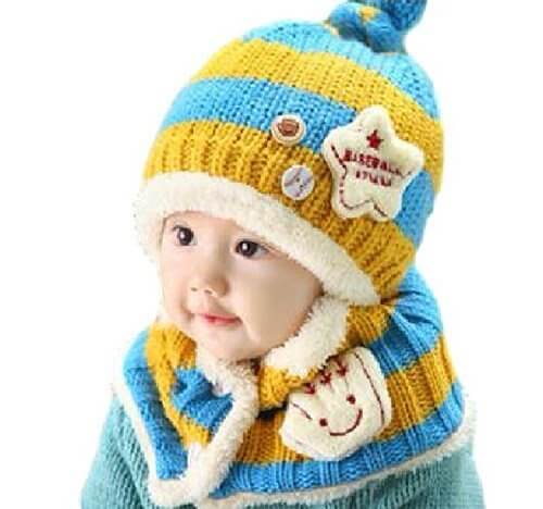 ニット帽 マフラー セット ベビー 赤ちゃん キッズ 子供 用 かわいい 防寒 ニット 帽子 (水色/イエロー),ベビー,ニット帽,