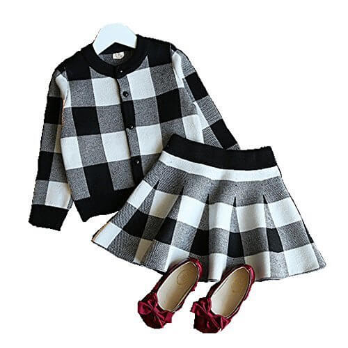 (ミニアウル)Miniowl チェック 長袖 ニットセーター スカート 上下セット 子供 女の子 ブラック 110,キッズ,ニット,