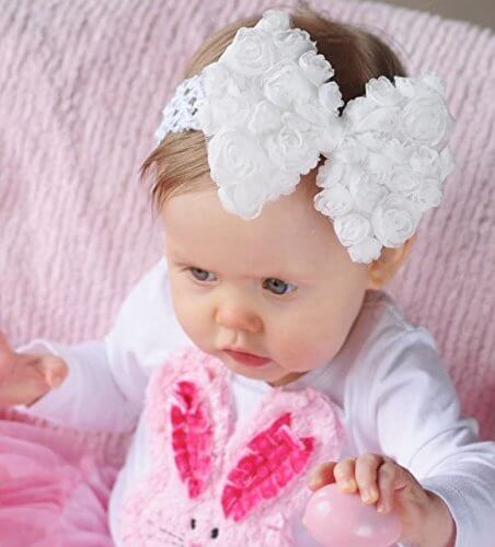 【ベビーヘアバンド】シャビーホワイトリボンの派手カワヘアクリップピン付ヘアバンド★今こどものヘアアクセがたまらなく可愛いっ！！ちいさな頭におおきなリボンヘアクリップピンにして髪の結び目に装着もできるっ,ベビー,カチューシャ,