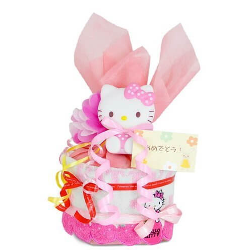 すまいる おむつケーキ ＜ ハローキティ ＞ 1段 出産祝い ギフト 【 名入れ 刺繍 ＆ メッセージカード ＆ ラッピング 無料 】 （ オムツ パンパース M ） 男の子 女の子 お祝い プレゼント （ いちご ）,出産祝い,3000円,