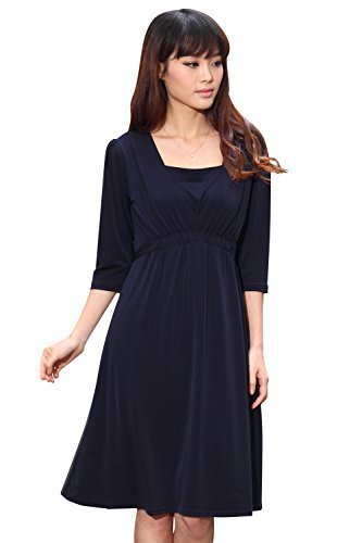 Sweet Mommy シンプル着痩せドレス 柔らか艶感 フロントギャザー 授乳ワンピ しなやか上品 ママワンピ 【7分丈】 【フローラ】 授乳服 / マタニティ フォーマル ネイビー 3L,入園式,ママ,おしゃれ