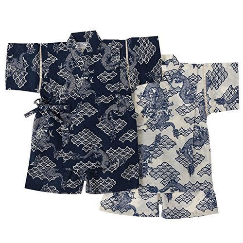 Munya Munya(ムニャムニャ) 日本製 甚平 子供 男児 龍 リュウ 竜柄 じんべい 綿100％ ウエストゴム 上下セット アイボリー 110サイズ,夏,外出,甚平