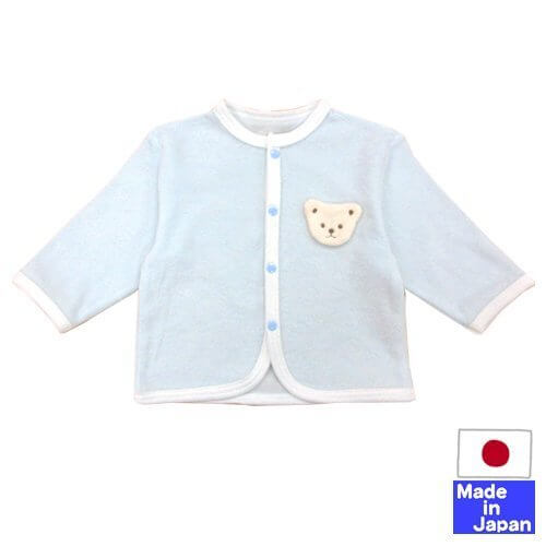 パイルカーディガン(白いクマ　ワンポイント付・サックス)　サイズ50-60cm　綿100％　日本製,赤ちゃん,カーディガン,
