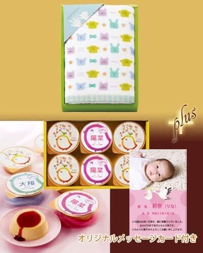出産内祝い・七五三 内祝い お祝い返し 名入れ 贅沢プリン6個 ＆ クラフトベビー フェイスタオル［グリーン］ 名前入り・写真入りメッセージカード,出産内祝い,名入れ,ギフト