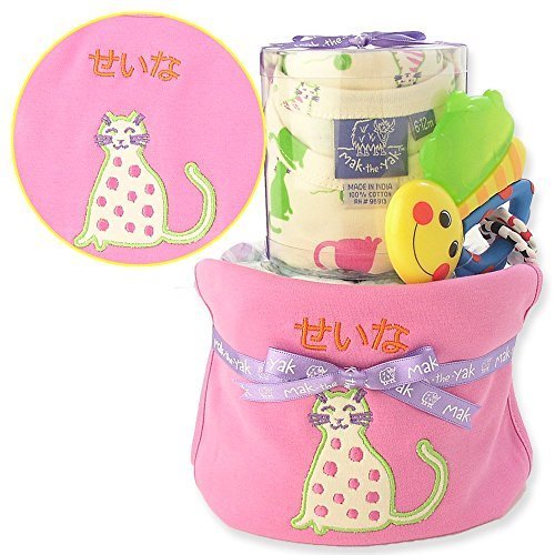 マックザヤック(Mak the yak) おむつケーキ / 半袖 Tシャツ / ビブ / sassy おもちゃ 【4商品のセット】 【 刺繍 名入れ 無料 】 出産祝い ベビー ギフト プレゼント (半袖 Tシャツ 6-12M/80cm kitty ネコ柄) ( おむつ Mサイズ 7枚) 女の子用 NY発 【 ラッピング 無料】,出産祝い,名前入り,