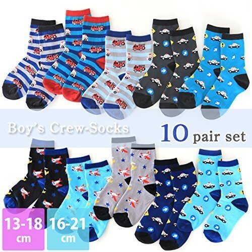 靴下 キッズ 男の子 パトカー・消防車・飛行機など大人気の乗り物シリーズ 　通園 通学にも大活躍　クルー丈　10足セット (13-18cm),ソックスbox408,