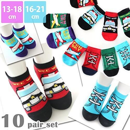 靴下 キッズ 男の子 くるぶし丈 乗り物デザインやスニーカー柄ソックス カラフルなフロントデザイン 10足セット (13-18cm),ソックスbox408,