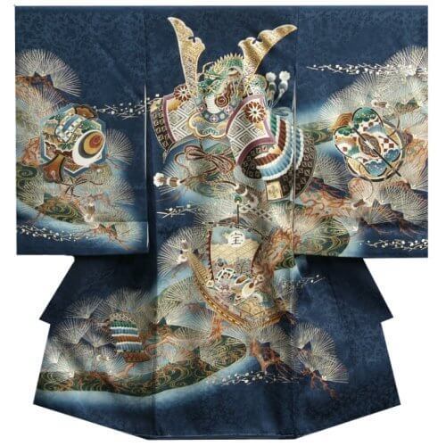 お宮参り　着物　男　正絹初着　青紺色　兜　宝船　金糸刺繍　金彩　まだら地紋生地,赤ちゃん,着物,