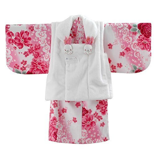 女の子ベビー着物 ボア被布セット ポリエステル 白ピンク/バラ 1才（80cm-90cm） 中国製,赤ちゃん,着物,