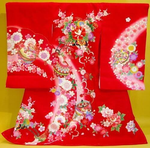 【正絹】 お宮参り着物　（初着・産着）　女児　M2-7　花車に手毬・鈴 朱赤地　新品仕立上り　★もれなく５大特典付！,赤ちゃん,着物,