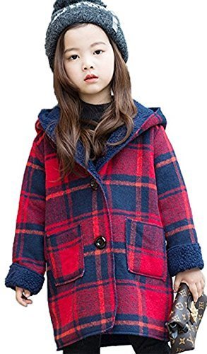 （ウンディーショップ）WindyShop秋冬 子供服 コート 女の子 長袖 アウター 韓国 子供服 女の子 アウター フード付き チェック 上着 防寒 アウター コート 子供用 女児 キッズ ダッフルコート (レッド, 100cm),子供服,コート,