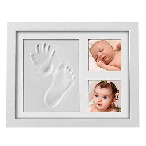 Firlar ベイビーハンドプリント フレーム記念品 写真立て 手足型 アクリルガラスと安全な非毒性粘土木製フレーム 出産祝いの品用のベイビーギフトに最適 ホワイト,ハーフバースデー,お祝い,