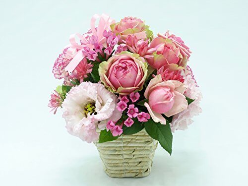 ５本のバラと季節のお花のリボンアレンジメントWhite,祖父母,プレゼント,