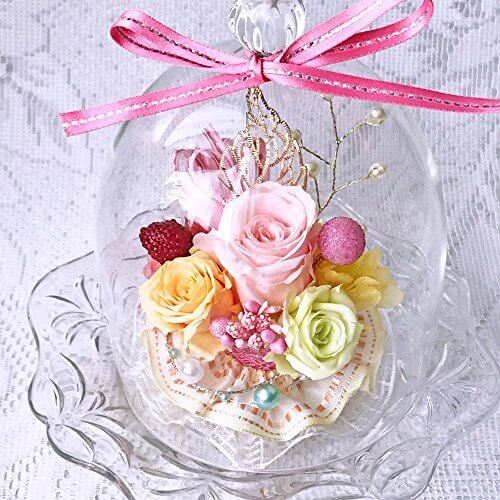 NEW ダイアナ バラ3輪 プリザーブドフラワー ガラスドームダイヤ パステルMIX,祖父母,プレゼント,