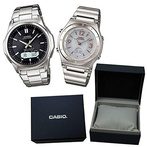 【カシオソーラー電波時計ペア箱入りセット】[カシオ]CASIO 腕時計 WAVECEPTOR ウェーブセプター ソーラー電波腕時計WVA-M630D-1AJF メンズ＆LWA-M141D-7AJF レディース カシオ専用ペア箱セット,祖父母,プレゼント,