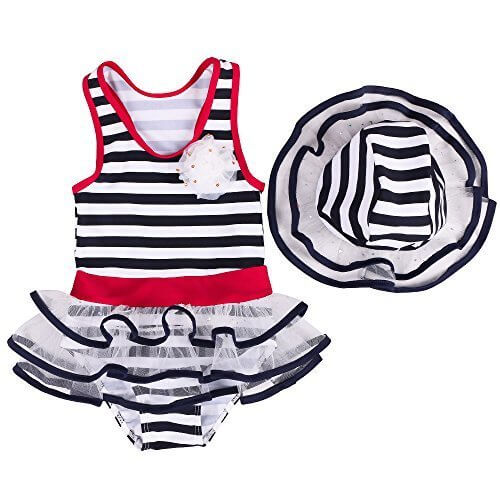 BAOHULU 女の子 子供 女児水着 みずぎ　可愛い　ストライプ ワンピース 連体水着 かわいい 帽子 チュチュ付き キュート 水着S093_Navy_130,幼稚園,水着,選び方