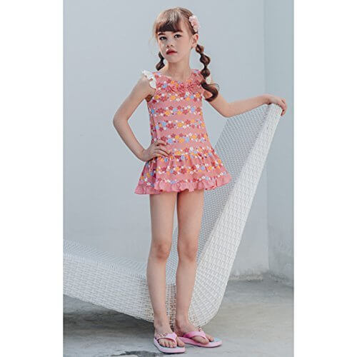 2017年 夏物 UZULAND フラワーボーダー柄 スイムワンピース UV水着 スイムウェア ピンク◇110cm,幼稚園,水着,選び方