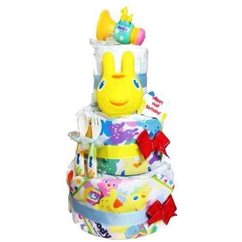 人気No.1 ロディおもちゃ４点も付いた おむつケーキ 出産祝い・ハーフバースデー対応 きいろ (出産祝い用S),100均,出産祝い,おむつケーキ