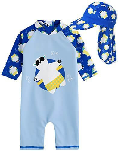 [Vaenait Baby] 0-24ヶ月UVカット ラッシュガードベビー子供男の子長袖ワンピース水着 Baby Tanning Bear Blue S + Flap cap S,ベビー,ラッシュガード,