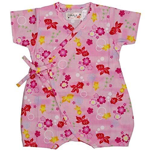ガールズ|ベビー|甚平[くろわっさんすべべ]ベビー甚平|ロンパース甚平|金魚 桜柄|和柄(日本製生地|ホック使用) 綿100％|新生児 60-70cm ピンク,子供用,甚平,