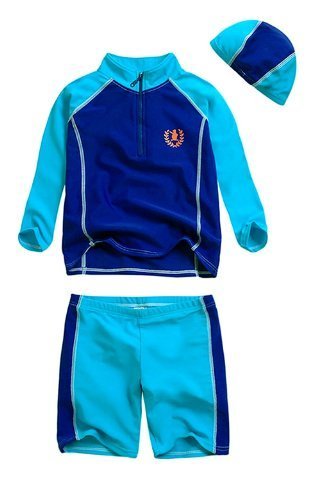 男児用水着3点セット(スイムキャップ・長袖ラッシュガード・パンツ水着)UPF50+素材使用(100～110cm,ブルー系),ラッシュガード,キッズ,