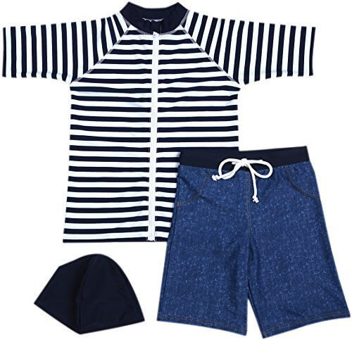 【Babystity】 男の子 水着 UPF50+ ボーダー柄 ラッシュガード 帽子 デニム柄 パンツ 80〜120cm(3点セット 80cm),ラッシュガード,キッズ,