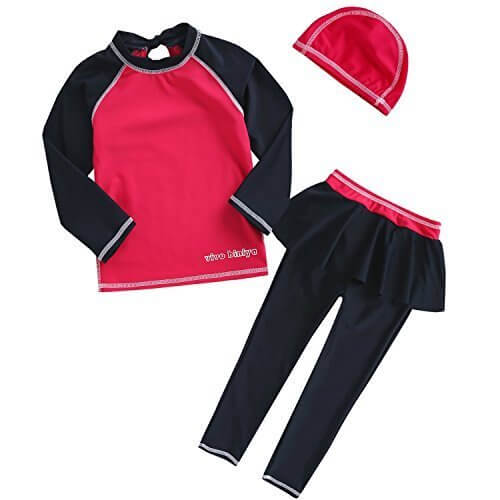 VIVO-BINIYA 正規品 子供水着 女児水着 3点セット帽子付き水着(スイムキャップ・長袖ラッシュガード・パンツ水着)UPF50+素材使用 (3T (100), ローズ),ラッシュガード,キッズ,