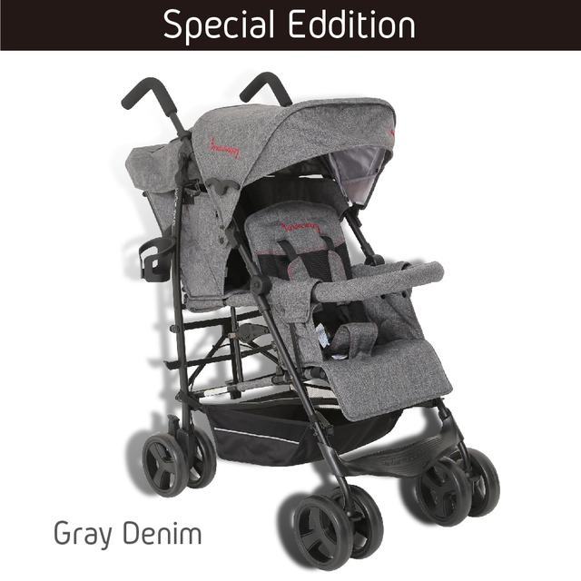 グレーデニムkinderwagon DUOシティ HOP,二人乗り,ベビーカー,