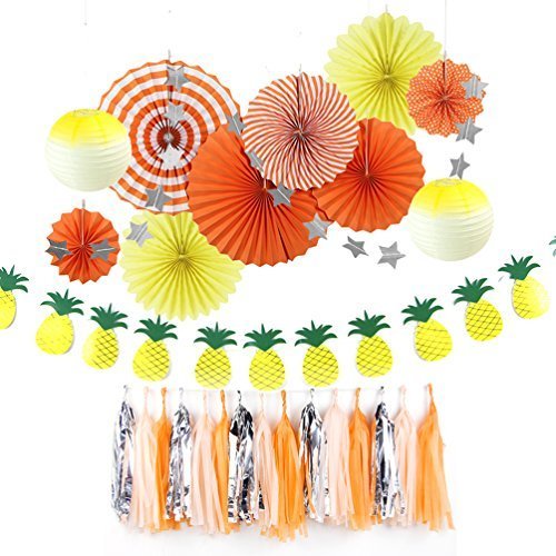Easy Joy　誕生日飾り付けセット　ハワイアン　サマーパーティー【シルバースター/パイナップルガーランド　タッセルガーランド　紙提灯　ペーパーファン】1歳　2歳　ハーフバースデー　ベビーシャワー装飾 (オレンジ系),ベビーシャワー,