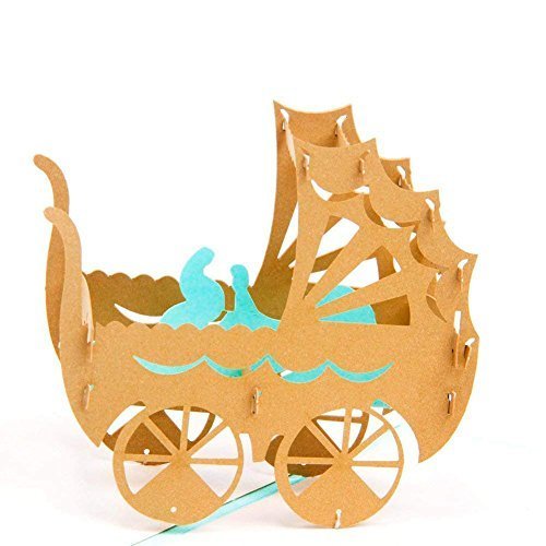 Paper Spiritz バレンタイン お誕生日カード 出産祝い グリーティングカード 3D バレンタインデーカード バースデーカード 男の子 女の子 (ベビーキャリッジ, 青),ベビーシャワー,