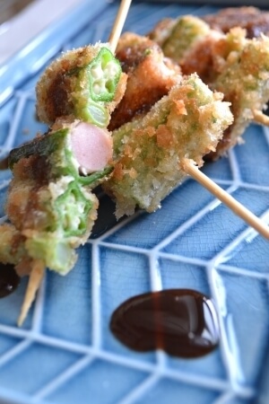 ＊オクラ＆いんげん＆ピーマン＆ギョニソーの串揚げ＊,レシピ,オクラ,