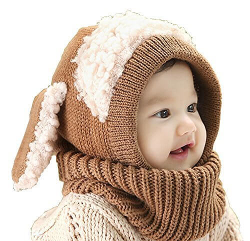 【Ludus Felix】選べるカラー 5色 ウサギちゃん　子羊　ニット帽 ニット帽子 ベビー キッズ 赤ちゃん 子供 用　ケープ 一体型 マフラー ネックウォーマー フード 　【ボア部分がふわふわで気持ちいい！】【頭＆首まであたたか】 (ブラウン),赤ちゃんの帽子,
