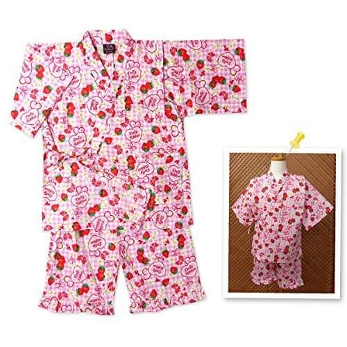 子供服 女の子 甚平 Dolly Ribbon ドーリーリボン イチゴ＆ブランドロゴ柄 綿100% 上下組セット 女児 キッズ (ピンク/110cm),女の子,甚平,人気