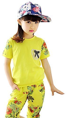 (ウイ カプア) u'i Kapua 花柄 切り替え ジャージ セットアップ スウェット 半袖 女の子 子供服 スポーツウェア 上下 (120,イエロー),キッズ,ジャージ,