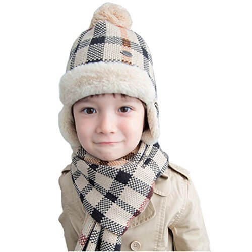 ニット帽子 マフラー 2点セット 女の子 毛糸 格子柄 ふわふわ キッズ 男の子 かわいい 防寒 秋 冬 ベビー用 ハット 小学生 男女兼用 防寒対策 ギフトに最適 (帽子＆マフラー（2点）セット, グレー),子ども,帽子,