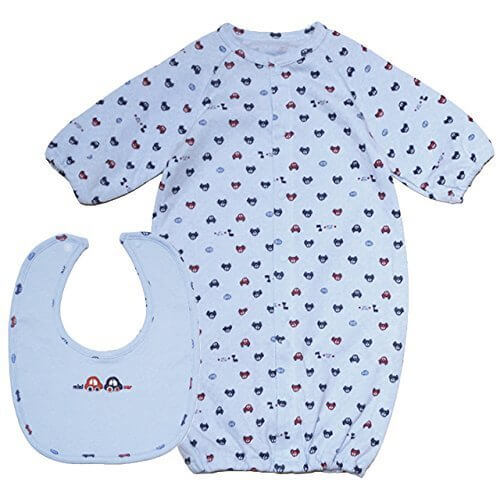 【日本製】男の子 くるま刺繍スタイ付き ドレスコンビ ツーウェイオール 車総柄プリント-サックス◇50-70cm,新生児,2WAYオール,いつまで