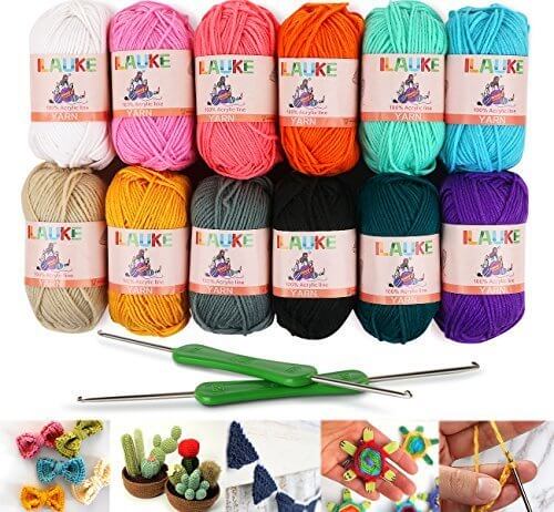 ilauke 各50g 約100ｍ/玉 1200ｍ アクリル毛糸 12色セット 編み針２個付き 編み糸 手編み 手作り かぎ針付き 編みぐるみ インテリア 小物作り,手作り,ストラップ,