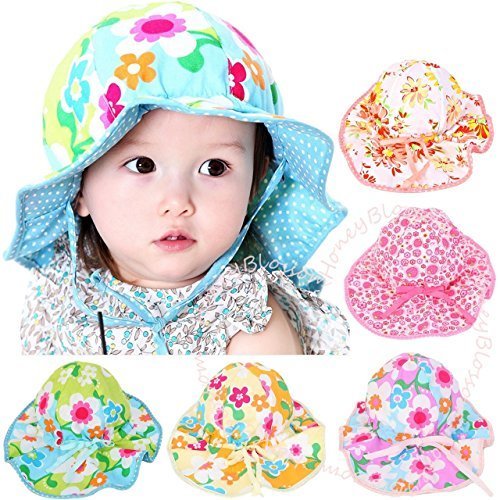 (ハニーブロッサム) HONEY BLOSSOM 赤ちゃん 紫外線対策 グッズ 【 リバーシブル ベビー フラップ ハット 】 花柄 × ドット つば広 綿 100% 日除け UV ガード 帽子 6 - 24 ヵ月 m102 blue,潮干狩り,おすすめ,道具