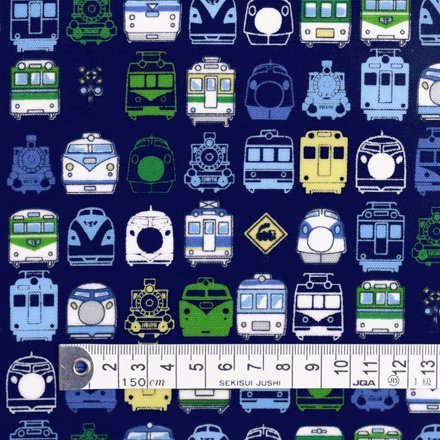 ぼくの街の機関車・電車コレクション（ネイビー） ラミネート(厚み0.2mm)生地 ハンドメイド 手作り用生地　0.5m単位でご注文いただけます。 T0265800,手作り,リュック,