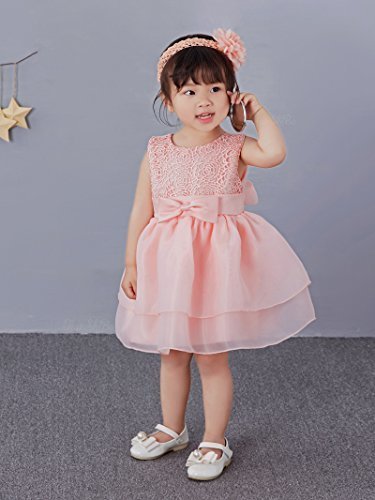「Bidear」子供ドレス ベビードレス キッズドレス 女の子 フォーマルワンピース 袖なし 髪飾り付き ヘアバンド 結婚式 発表会 七五三 パーティー 誕生日会 赤 白 ピンク 0歳～3歳 (ピンク, 24#（90cm左右）),子供服,ドレス,
