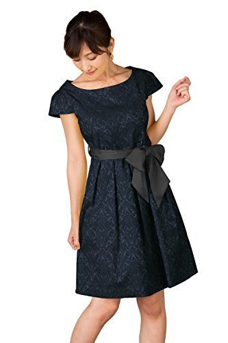 Sweet Mommy ストレッチジャガード アラベスク柄 ママドレス サテンリボン キャップスリーブ ポケット付き 総裏地つき 結婚式 お宮参り 入卒園 パーティー 授乳服 マタニティ 産前産後 ／M／ネイビー,マタニティ,パーティードレス,