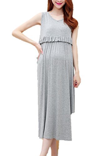 (ミウォルナ) Miwoluna マタニティ ノースリーブ ロング ワンピース 授乳口付き 胸のフリルが超かわいい グレー M,マタニティ,大きいサイズ,
