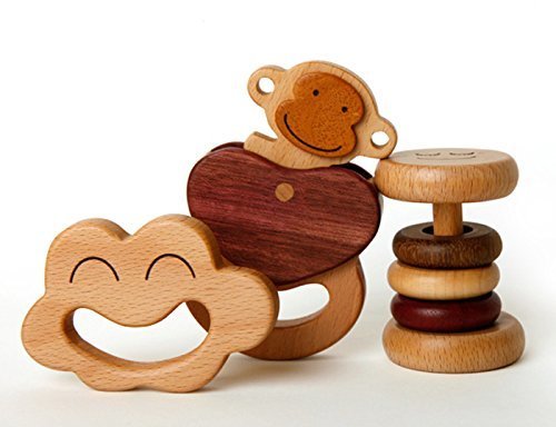 木のおもちゃSoopsori(スプソリ) はじめての赤ちゃんおもちゃ ラトル歯がためセット 布バッグ入り,出産祝い,双子,