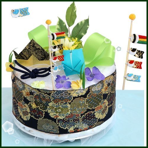 [端午の節句一段オムツケーキ]出産祝い,初節句に。和紙折り兜とちりめん細工の鯉のぼりを飾った和調おむつケーキ S,初節句,男の子,